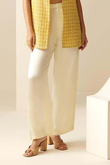 Couché By Anandini Yellow Lurex Tweed Chanel Textured Open Overlay Pant Set Online at Aza Fashions Couché By Anandini_Yellow Lurex Tweed Chanel Textured Open Overlay Pant Set _Online_at_Aza_Fashions