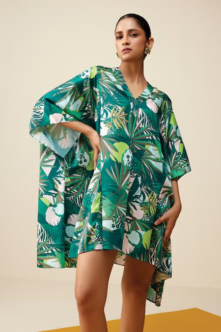 Shop Couché By Anandini Green 67% Recycled Poly Printed Tropical V Neck Kaftan at Aza Fashions Shop_Couché By Anandini_Green 67% Recycled Poly Printed Tropical V Neck Kaftan _at_Aza_Fashions