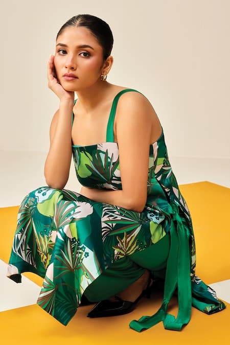 Shop Couché By Anandini Green Polyester, Silk Square Neck Tropical Print Kurta And Flared Pant Set at Aza Fashions Shop_Couché By Anandini_Green Polyester, Silk Square Neck Tropical Print Kurta And Flared Pant Set _at_Aza_Fashions