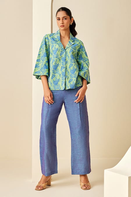 Couche Green Shirt 61% Cotton Printed Floral Collar The Laze Around And Trouser Set 