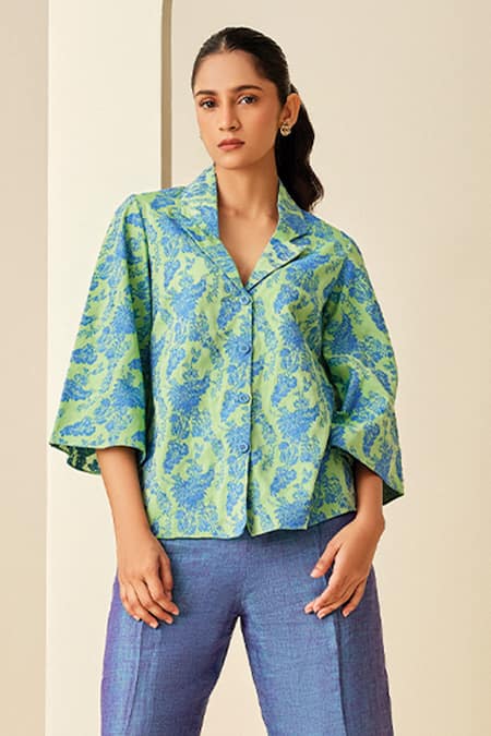 Shop Couché By Anandini Green Shirt 61% Cotton Printed Floral Collar The Laze Around And Trouser Set at Aza Fashions Shop_Couché By Anandini_Green Shirt 61% Cotton Printed Floral Collar The Laze Around And Trouser Set _at_Aza_Fashions