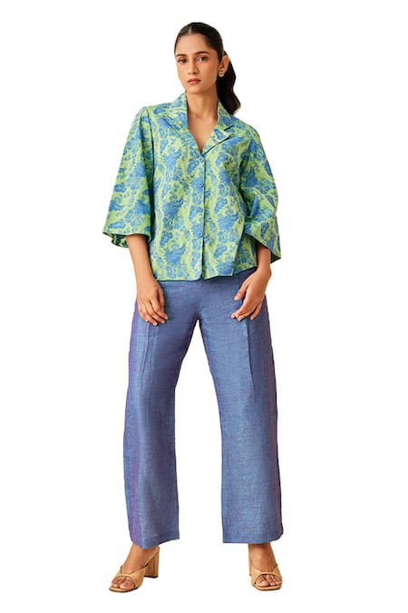 Buy Couché By Anandini Green Shirt 61% Cotton Printed Floral Collar The Laze Around And Trouser Set Online at Aza Fashions Buy_Couché By Anandini_Green Shirt 61% Cotton Printed Floral Collar The Laze Around And Trouser Set _Online_at_Aza_Fashions