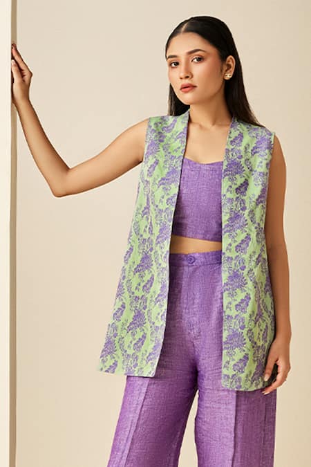 Shop Couché By Anandini Green Overlay And Bustier 61% Cotton Printed Floral Overlay Open Flared Pant Set at Aza Fashions Shop_Couché By Anandini_Green Overlay And Bustier 61% Cotton Printed Floral Overlay Open Flared Pant Set _at_Aza_Fashions