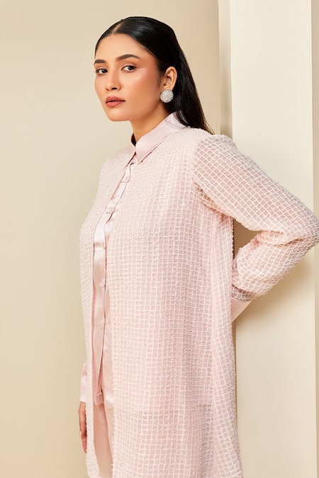 Shop Couché By Anandini Pink Shirt 100 % Silk Textured Collar The Balanced Quirk And Pant Set at Aza Fashions Shop_Couché By Anandini_Pink Shirt 100 % Silk Textured Collar The Balanced Quirk And Pant Set _at_Aza_Fashions