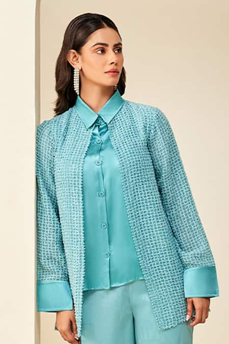 Shop Couché By Anandini Blue Shirt 100 % Silk Textured Collar Balanced Quirk Patternshirt And Pant Set at Aza Fashions Shop_Couché By Anandini_Blue Shirt 100 % Silk Textured Collar Balanced Quirk Patternshirt And Pant Set _at_Aza_Fashions