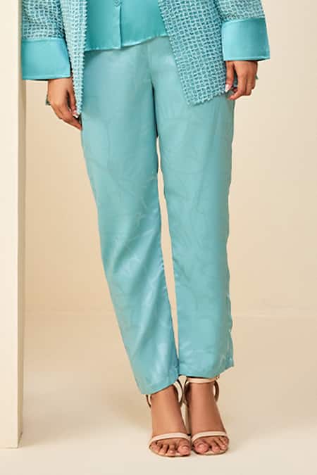 Couché By Anandini Blue Shirt 100 % Silk Textured Collar Balanced Quirk Patternshirt And Pant Set Online at Aza Fashions Couché By Anandini_Blue Shirt 100 % Silk Textured Collar Balanced Quirk Patternshirt And Pant Set _Online_at_Aza_Fashions