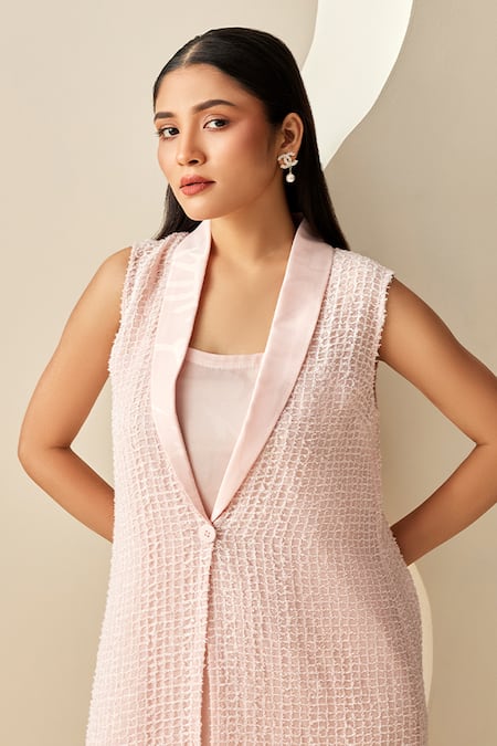 Shop Couché By Anandini Pink 100 % Silk Textured Lapel Collar Dress With Overlay at Aza Fashions Shop_Couché By Anandini_Pink 100 % Silk Textured Lapel Collar Dress With Overlay _at_Aza_Fashions