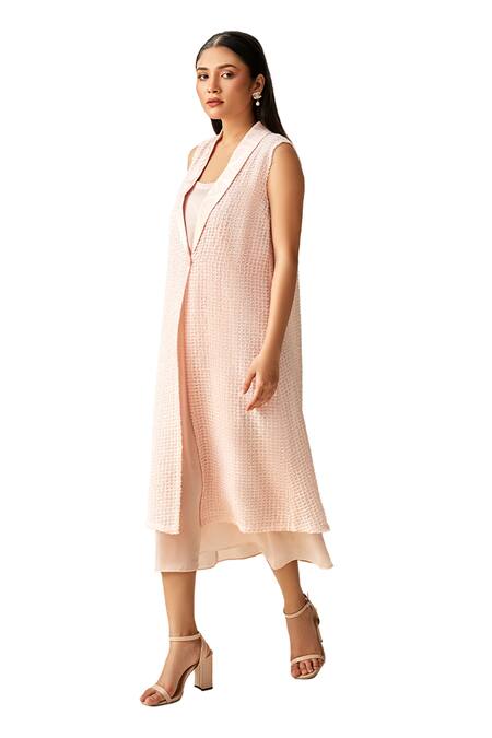 Couché By Anandini Pink 100 % Silk Textured Lapel Collar Dress With Overlay Online at Aza Fashions Couché By Anandini_Pink 100 % Silk Textured Lapel Collar Dress With Overlay _Online_at_Aza_Fashions