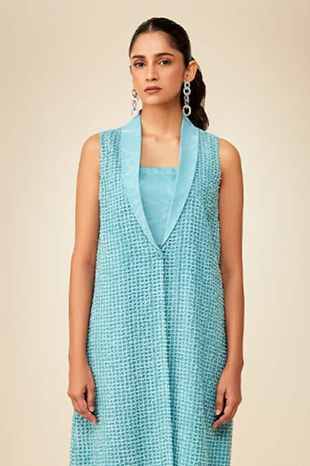 Shop_Couché By Anandini_Blue 100 % Silk Textured Lapel Collar Slip On Dress With Overlay _at_Aza_Fashions