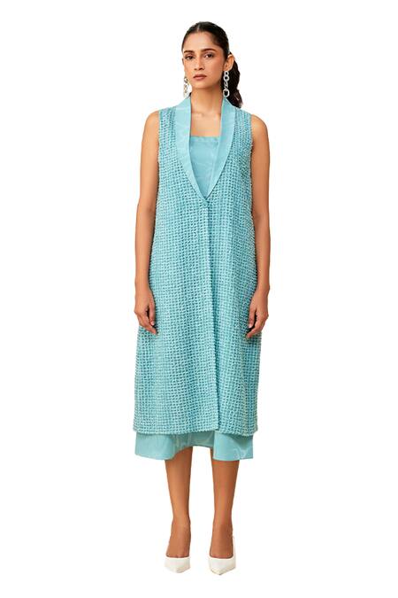 Couché By Anandini_Blue 100 % Silk Textured Lapel Collar Slip On Dress With Overlay _Online_at_Aza_Fashions