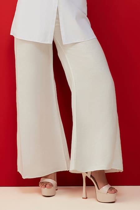 Couché By Anandini White Shirt 80% Cotton Pinstripe Collar Pattern And Flared Trouser Set Online at Aza Fashions Couché By Anandini_White Shirt 80% Cotton Pinstripe Collar Pattern And Flared Trouser Set _Online_at_Aza_Fashions