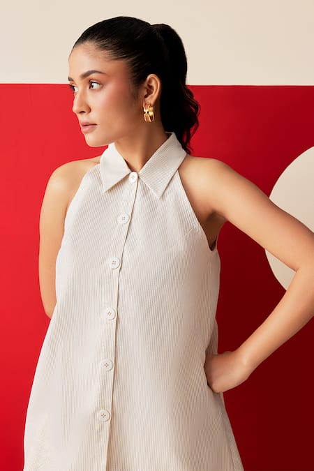 Shop Couché By Anandini White Shirt 80% Cotton Pinstripe Collar And Flared Trouser Set at Aza Fashions Shop_Couché By Anandini_White Shirt 80% Cotton Pinstripe Collar And Flared Trouser Set _at_Aza_Fashions