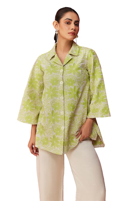 Couché By Anandini Green Shirt 70% Viscose Printed Botanical Notched Collar And Flared Trouser Set Online at Aza Fashions Couché By Anandini_Green Shirt 70% Viscose Printed Botanical Notched Collar And Flared Trouser Set _Online_at_Aza_Fashions