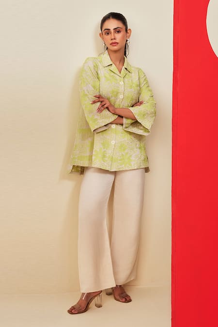 Couche Botanical Print Shirt & Flared Trouser Set 