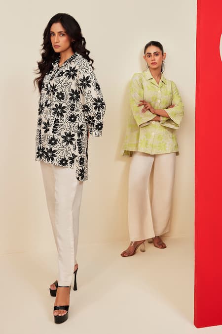 Shop_Couché By Anandini_Green Shirt 70% Viscose Printed Botanical Notched Collar And Flared Trouser Set _at_Aza_Fashions