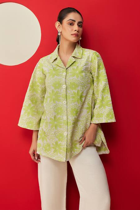 Buy Couché By Anandini Green Shirt 70% Viscose Printed Botanical Notched Collar And Flared Trouser Set Online at Aza Fashions Buy_Couché By Anandini_Green Shirt 70% Viscose Printed Botanical Notched Collar And Flared Trouser Set _Online_at_Aza_Fashions