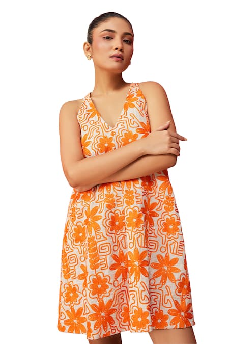 Couché By Anandini Orange 70% Linen Printed Botanical Halter Neck Ornated Trapeze Dress Online at Aza Fashions Couché By Anandini_Orange 70% Linen Printed Botanical Halter Neck Ornated Trapeze Dress _Online_at_Aza_Fashions