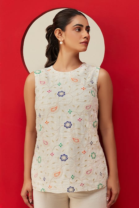 Shop_COUCHÉ BY ANANDINI_Multi Color Top 60% Viscose Embroidery Zari Thread Round Paisley And Pant Set _at_Aza_Fashions