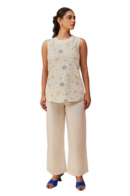 COUCHÉ BY ANANDINI_Multi Color Top 60% Viscose Embroidery Zari Thread Round Paisley And Pant Set _Online_at_Aza_Fashions
