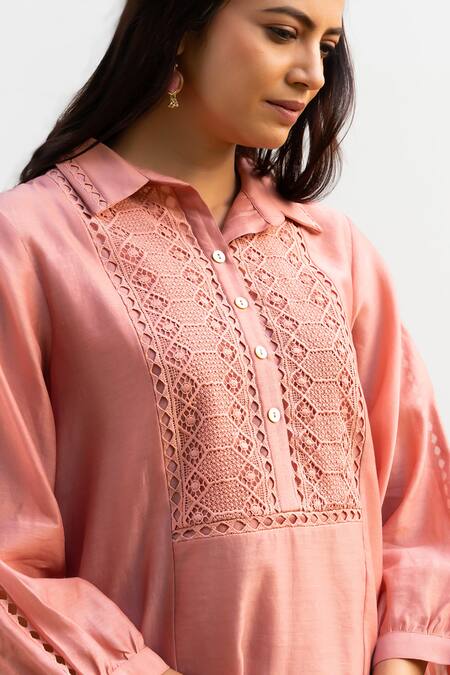OMI Pink Chanderi, Cotton Satin Lace Collared Placket Tunic With Pant Online at Aza Fashions OMI_Pink Chanderi, Cotton Satin Lace Collared Placket Tunic With Pant _Online_at_Aza_Fashions