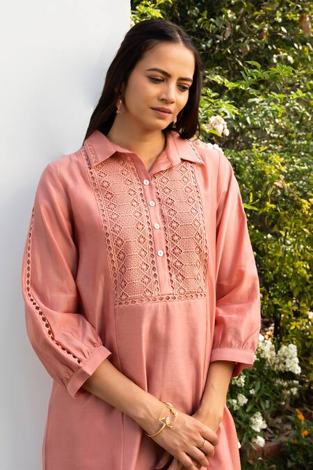 Buy OMI Pink Chanderi, Cotton Satin Lace Collared Placket Tunic With Pant Online at Aza Fashions Buy_OMI_Pink Chanderi, Cotton Satin Lace Collared Placket Tunic With Pant _Online_at_Aza_Fashions