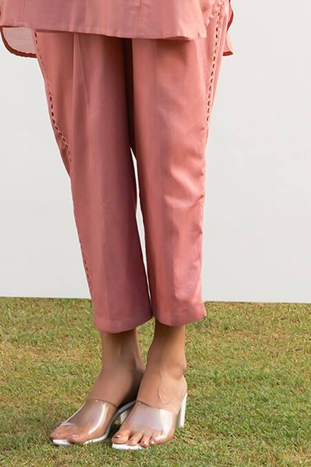 OMI Pink Chanderi, Cotton Satin Lace Collared Placket Tunic With Pant at Aza Fashions OMI_Pink Chanderi, Cotton Satin Lace Collared Placket Tunic With Pant _at_Aza_Fashions