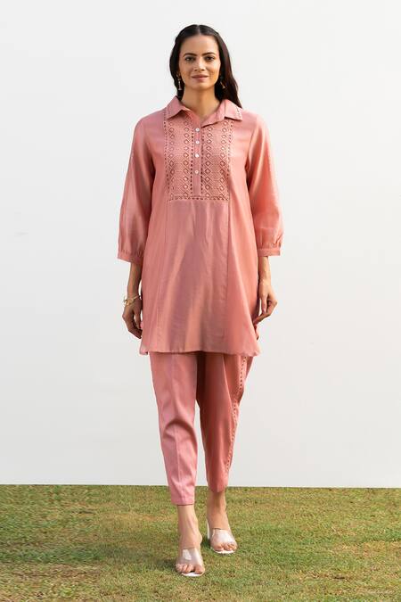 Buy OMI Pink Chanderi, Cotton Satin Lace Collared Placket Tunic With Pant Buy_OMI_Pink Chanderi, Cotton Satin Lace Collared Placket Tunic With Pant