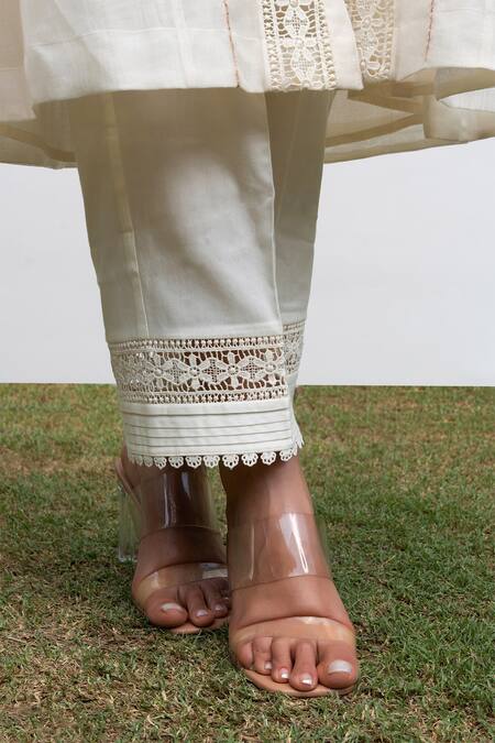 Shop OMI Off White Chanderi, Cotton Satin Embroidery, Lace Round Floral Kurta Pant Set Online at Aza Fashions Shop_OMI_Off White Chanderi, Cotton Satin Embroidery, Lace Round Floral Kurta Pant Set _Online_at_Aza_Fashions