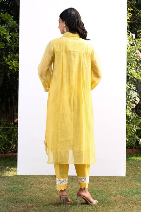 Shop OMI Yellow Chanderi, Cotton Satin Lace, Embroidery Floral Work Kurta Pant Set at Aza Fashions Shop_OMI_Yellow Chanderi, Cotton Satin Lace, Embroidery Floral Work Kurta Pant Set _at_Aza_Fashions