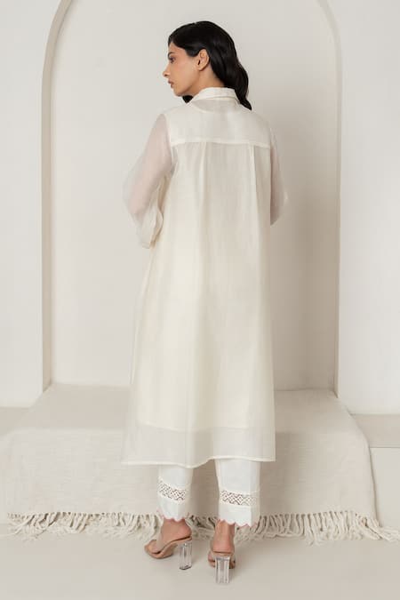 Shop OMI Off White Chanderi, Cotton Satin Lace, Embroidery Collared Kurta Pant Set at Aza Fashions Shop_OMI_Off White Chanderi, Cotton Satin Lace, Embroidery Collared Kurta Pant Set _at_Aza_Fashions