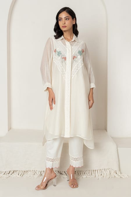 Buy OMI Off White Chanderi, Cotton Satin Lace, Embroidery Collared Kurta Pant Set Online at Aza Fashions Buy_OMI_Off White Chanderi, Cotton Satin Lace, Embroidery Collared Kurta Pant Set _Online_at_Aza_Fashions