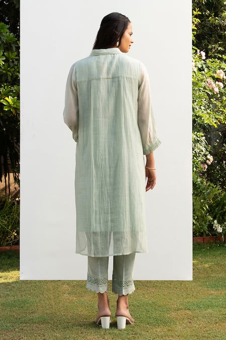 Shop OMI Green Chanderi, Cotton Satin Lace, Embroidery Floral Work Kurta Pant Set at Aza Fashions Shop_OMI_Green Chanderi, Cotton Satin Lace, Embroidery Floral Work Kurta Pant Set _at_Aza_Fashions