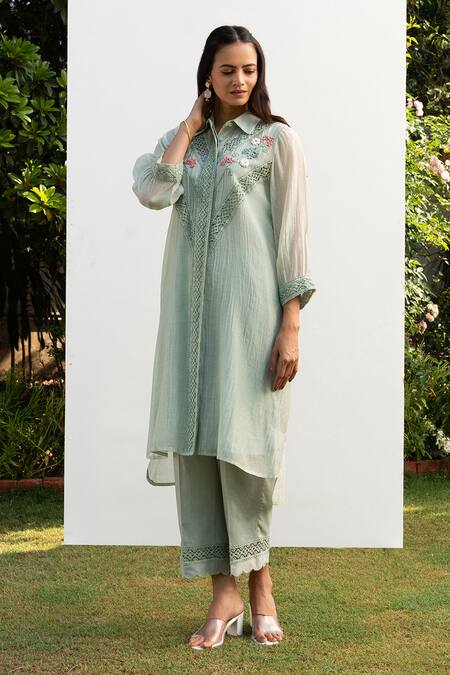 Buy OMI Green Chanderi, Cotton Satin Lace, Embroidery Floral Work Kurta Pant Set Online at Aza Fashions Buy_OMI_Green Chanderi, Cotton Satin Lace, Embroidery Floral Work Kurta Pant Set _Online_at_Aza_Fashions