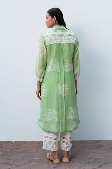 Shop_OMI_Green Chanderi, Cotton Lace, Embroidery V-neck Pleated Kurta Pant Set _at_Aza_Fashions