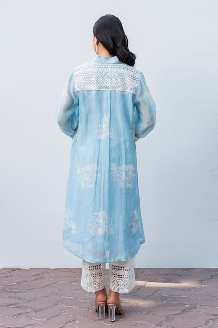 Shop OMI Blue Chanderi, Cotton Lace, Embroidery V-neck Printed Kurta Pant Set at Aza Fashions Shop_OMI_Blue Chanderi, Cotton Lace, Embroidery V-neck Printed Kurta Pant Set _at_Aza_Fashions