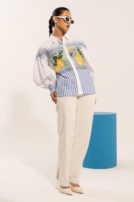 Urban Life_White Cotton Poplin Machine Embroidery Lemon Collar Shirt _at_Aza_Fashions