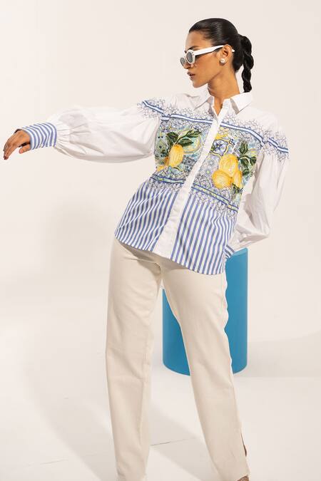 Buy_Urban Life_White Cotton Poplin Machine Embroidery Lemon Collar Shirt 