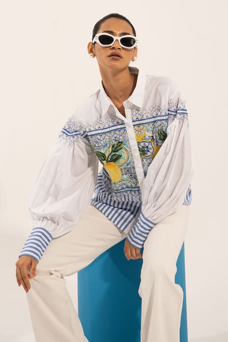 Shop_Urban Life_White Cotton Poplin Machine Embroidery Lemon Collar Shirt 