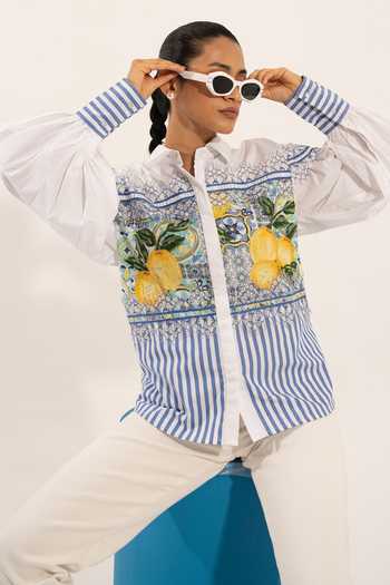 Shop_Urban Life_White Cotton Lace, Beads Collared Poplin Embroidered Shirt _Online_at_Aza_Fashions