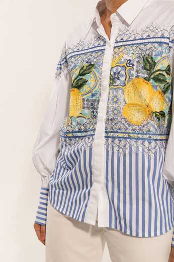 Urban Life_White Cotton Lace, Beads Collared Poplin Embroidered Shirt _at_Aza_Fashions