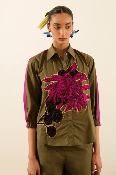 Shop_Urban Life_Green Cotton Poplin Machine Embroidery Floral Collar Shirt _Online_at_Aza_Fashions