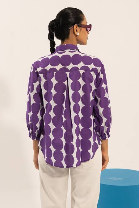 Shop Urban Life Purple Cotton Poplin Machine Embroidery Floral Collar Polka Patchwork Shirt at Aza Fashions Shop_Urban Life_Purple Cotton Poplin Machine Embroidery Floral Collar Polka Patchwork Shirt_at_Aza_Fashions