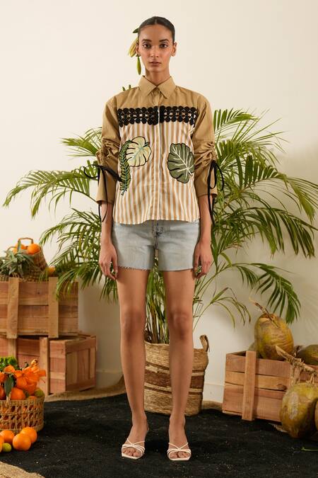 Urban Life_Brown Cotton Poplin Machine Embroidery Botanical Collar Patchwork Shirt _Online_at_Aza_Fashions