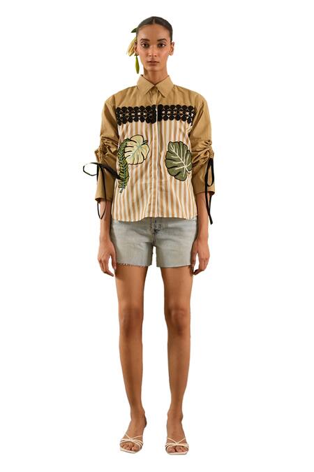 Buy_Urban Life_Brown Cotton Poplin Machine Embroidery Botanical Collar Patchwork Shirt _Online_at_Aza_Fashions