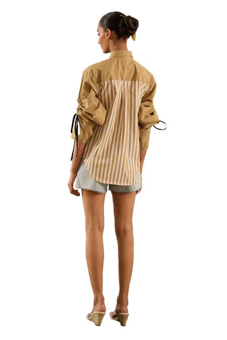 Urban Life_Brown Cotton Poplin Machine Embroidery Botanical Collar Patchwork Shirt _at_Aza_Fashions