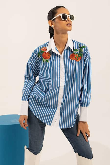 Urban life Blue Cotton Poplin Machine Embroidery Orange Collar Striped Shirt 