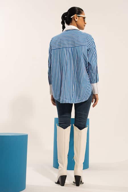 Urban Life Orange Striped Embroidered Cotton Poplin Shirt 