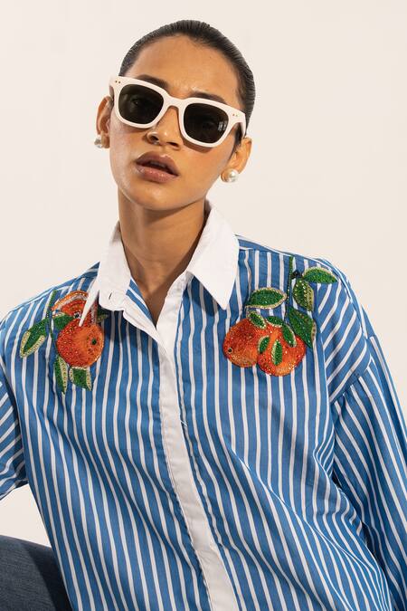 Urban Life Blue Cotton Poplin Machine Embroidery Orange Collar Striped Shirt Online at Aza Fashions Urban Life_Blue Cotton Poplin Machine Embroidery Orange Collar Striped Shirt _Online_at_Aza_Fashions
