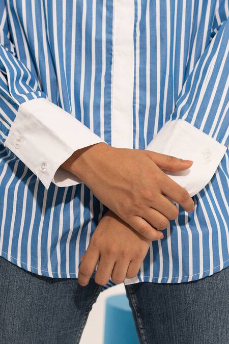 Shop Urban Life Blue Cotton Poplin Machine Embroidery Orange Collar Striped Shirt Online at Aza Fashions Shop_Urban Life_Blue Cotton Poplin Machine Embroidery Orange Collar Striped Shirt _Online_at_Aza_Fashions