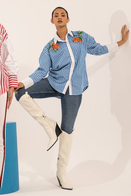 Urban Life Blue Cotton Poplin Machine Embroidery Orange Collar Striped Shirt at Aza Fashions Urban Life_Blue Cotton Poplin Machine Embroidery Orange Collar Striped Shirt _at_Aza_Fashions